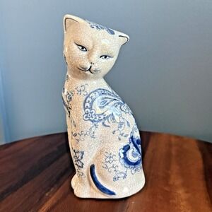 Blue White Chinoiserie Cat Figurine Crackle Glaze Siamese Style 7.5" Feline Love